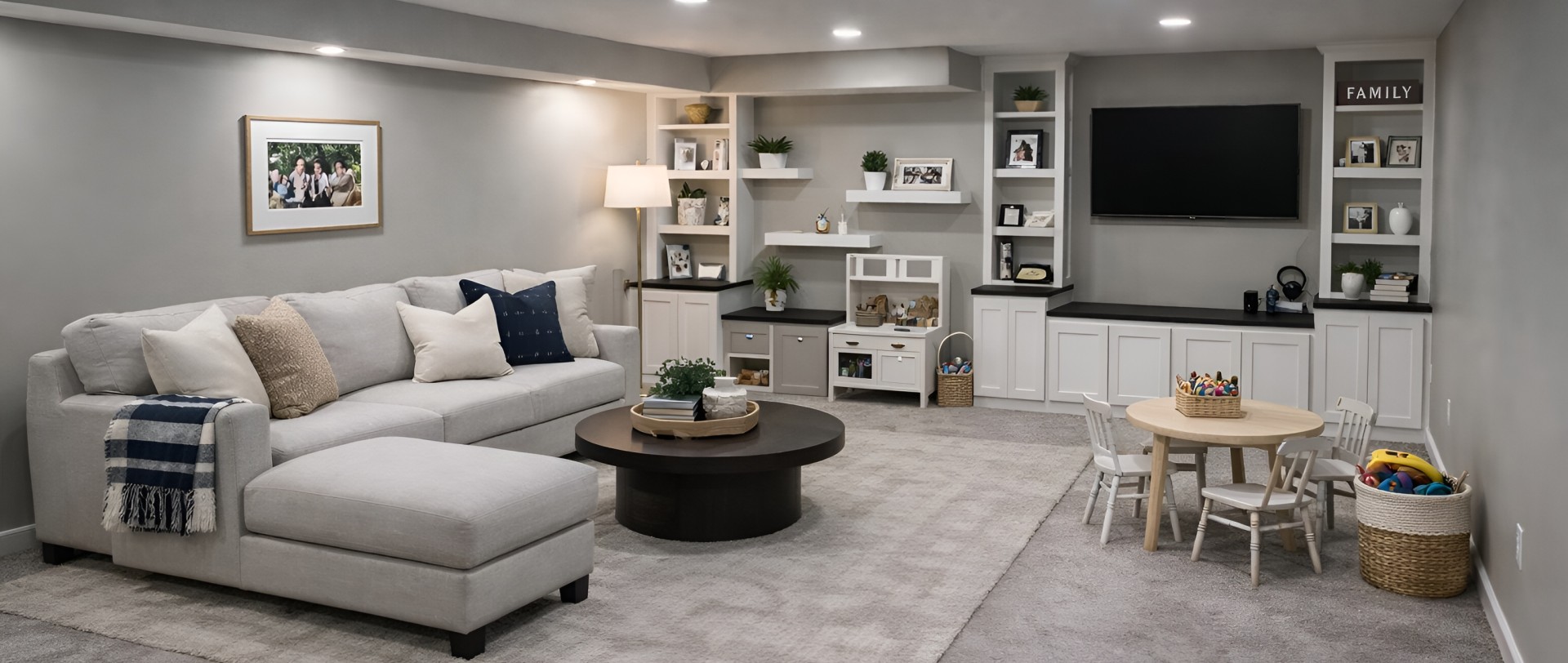 Completed basement remodel by MHL Renovations